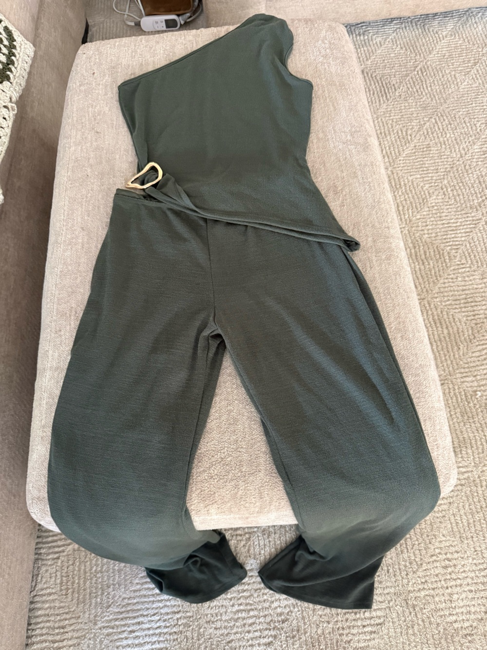 Women's Olive Green One-Shoulder Jumpsuit with Waist Tie